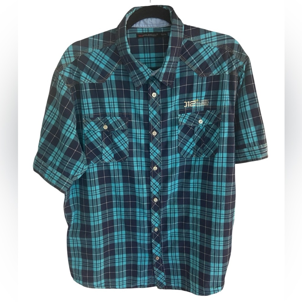 Projek Raw Y2K men’s short sleeve blue checkered shirt, 100% cotton, XL